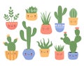 Set of cute succulents cactus with smiling face